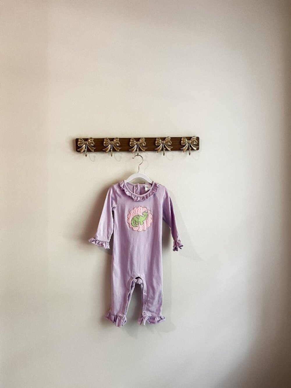 Stitchy Fish Girls 24M Purple Ruffled Baby Romper with Dinosaur Appliqué